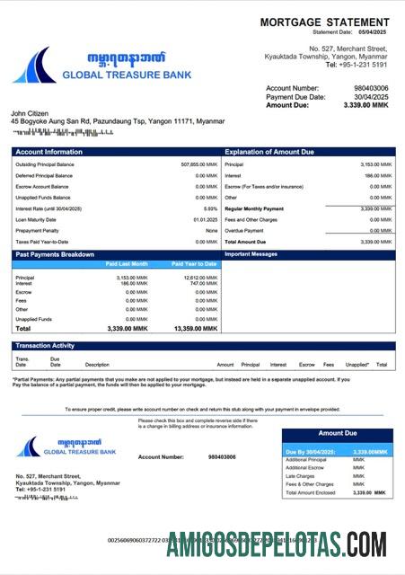 em branco Modelo Word e PDF de declaração de hipoteca do Banco do Tesouro Global de Mianmar